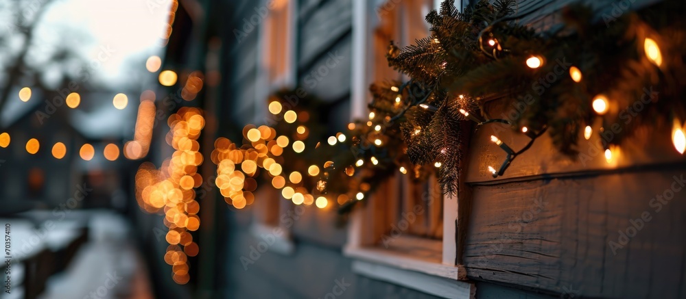 Experience the captivating magic of festive Christmas lights showcased in a vertical image featuring a light tube winding along a gray wooden facade.