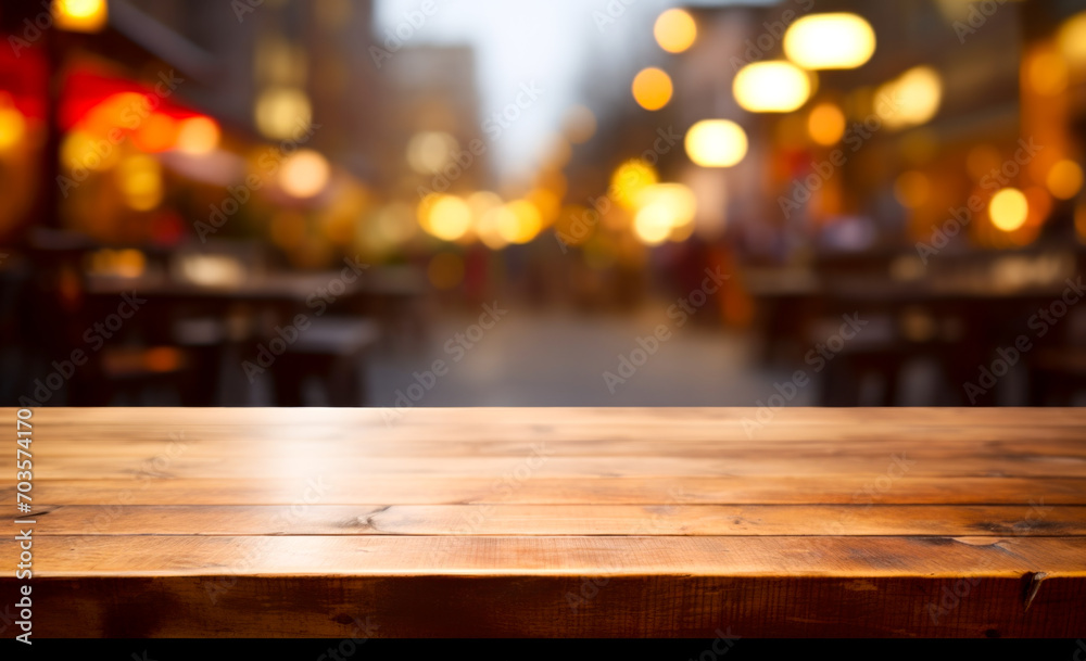 Lights' bokeh creates a blurred backdrop behind the empty wooden table Lights' bokeh creates a blurred backdrop behind the empty wooden table