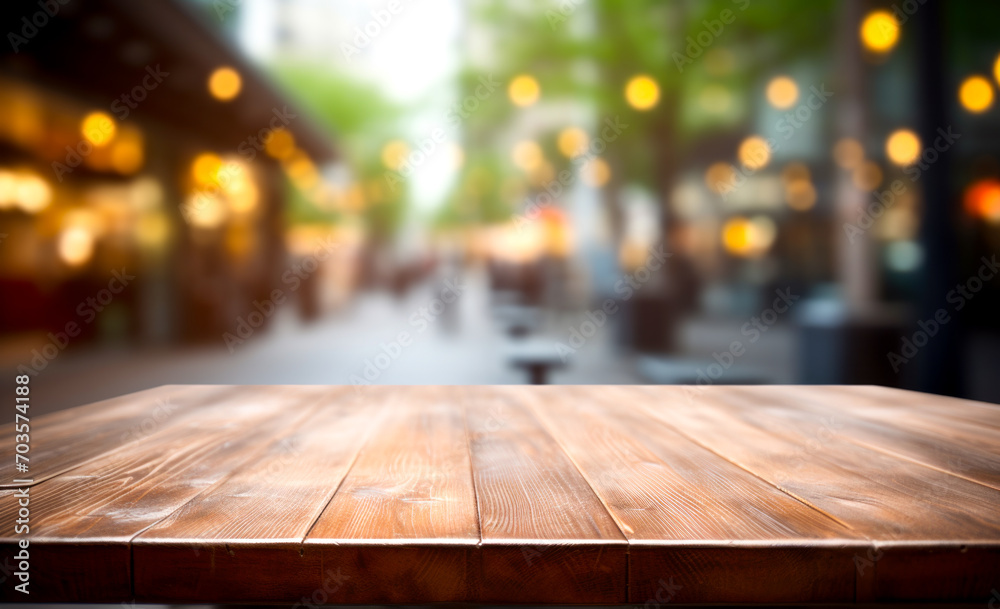 Lights' bokeh creates a blurred backdrop behind the empty wooden table Lights' bokeh creates a blurred backdrop behind the empty wooden table