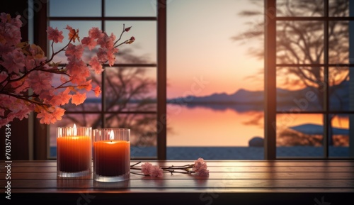 An elegant candle holder on a sill against the evening mountains.
