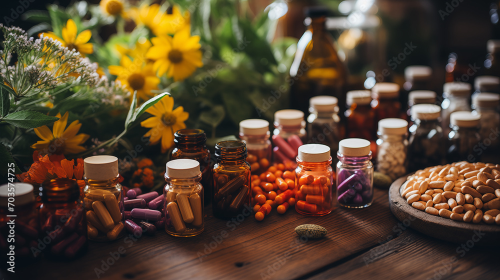 Set of different pills and food supplements with dry flowers on the background Set of different pills and food supplements with dry flowers on the background