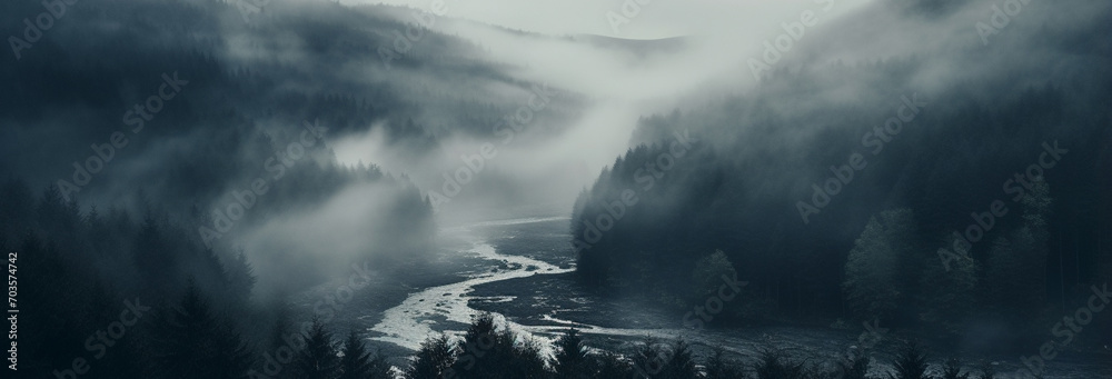 foggy morning in the Carpathians in autumn. - obrazy, fototapety, plakaty 