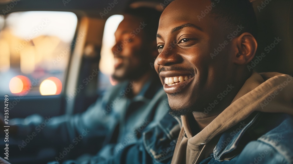 © progressman - two men are smiling while driving a car