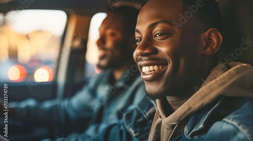 two men are smiling while driving a car photo