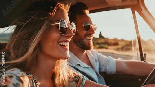 a man and a woman are driving a car and smiling