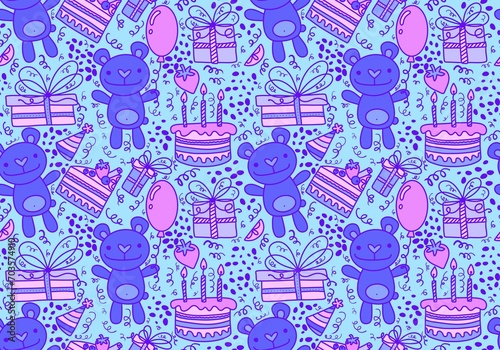 Wallpaper Mural Cartoon animals seamless birthday party with bears and balloons and cake and gift box pattern for wrapping Torontodigital.ca