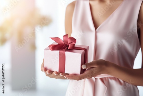 Woman with a gift. Background with selective focus and copy space
