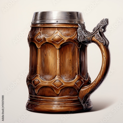 Painting of a wooden tankard for drinking on white background. photo
