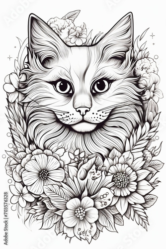 Coloring page, cat in flowers, Generative AI © Imagify