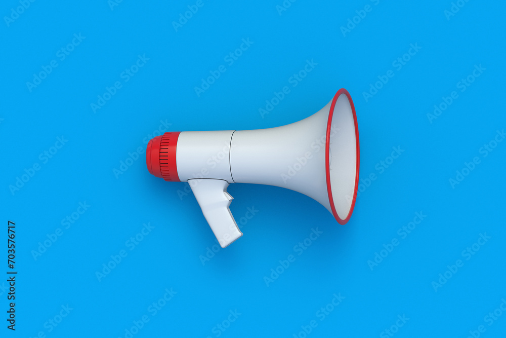 Loudspeaker on blue background. Advertising and distribution. Announcing a new event. Inspirational speech. Call for protest. Danger warning. Discount and sale concept. Top view. 3d render