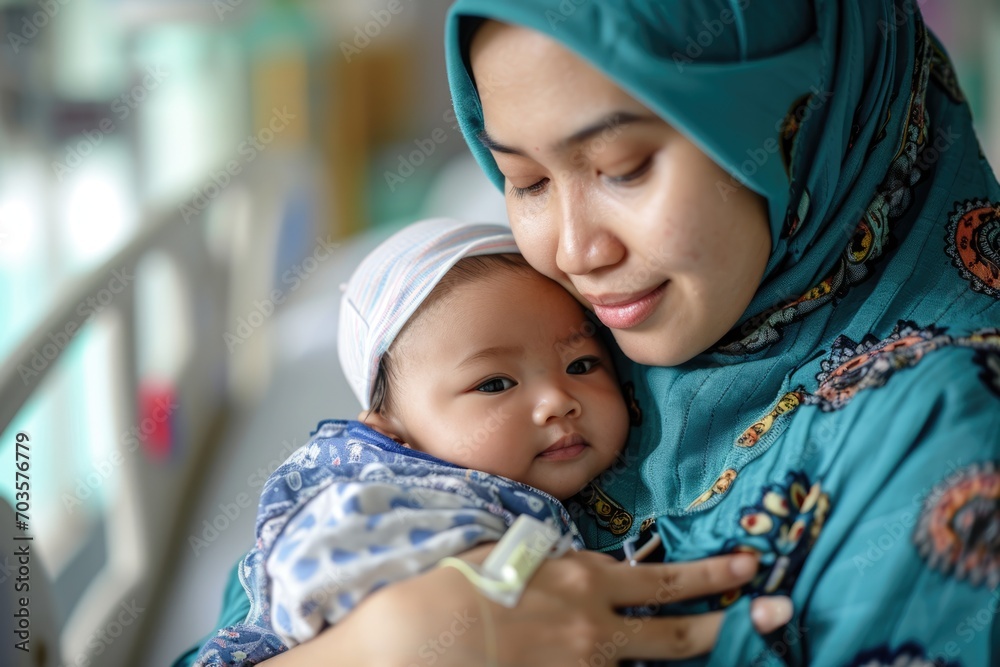 Young happy muslim mother with her baby in the hospital. Inclusive medicine concept Young happy muslim mother with her baby in the hospital. Inclusive medicine concept