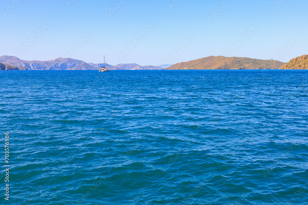 View of mountain landscapes from the sea. Background with selective focus and copy space