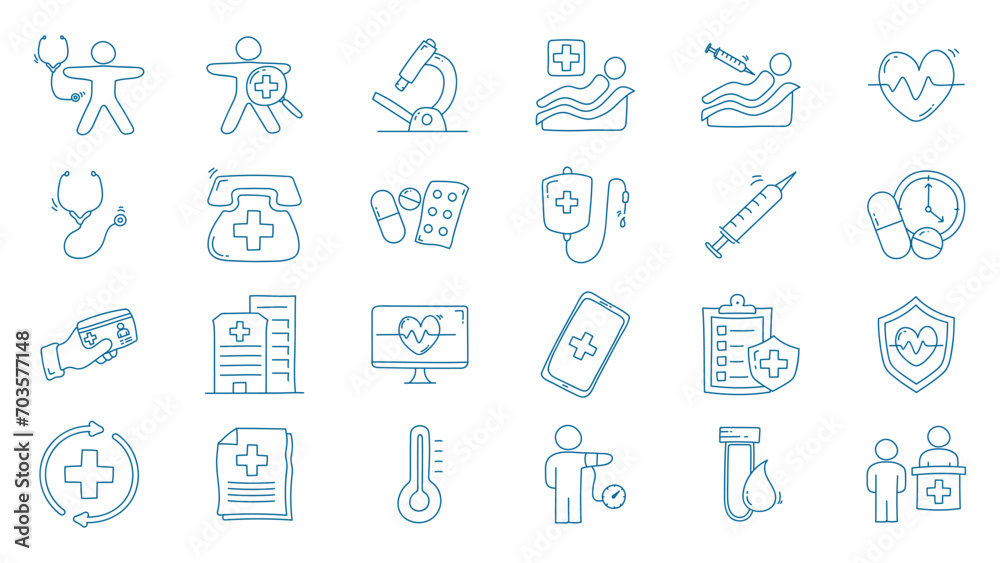 Hand drawn health checkup doodle line icon collection. Health checkup icon set vector illustration. Hand drawn health checkup doodle line icon collection. Health checkup icon set vector illustration.
