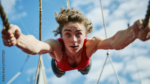 trapeze artist in mid-air generative ai