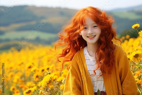 beautiful red-haired girl against the background of a meadow with yellow flowers