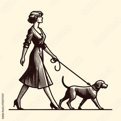 elegant woman walking with a dog vintage illustration