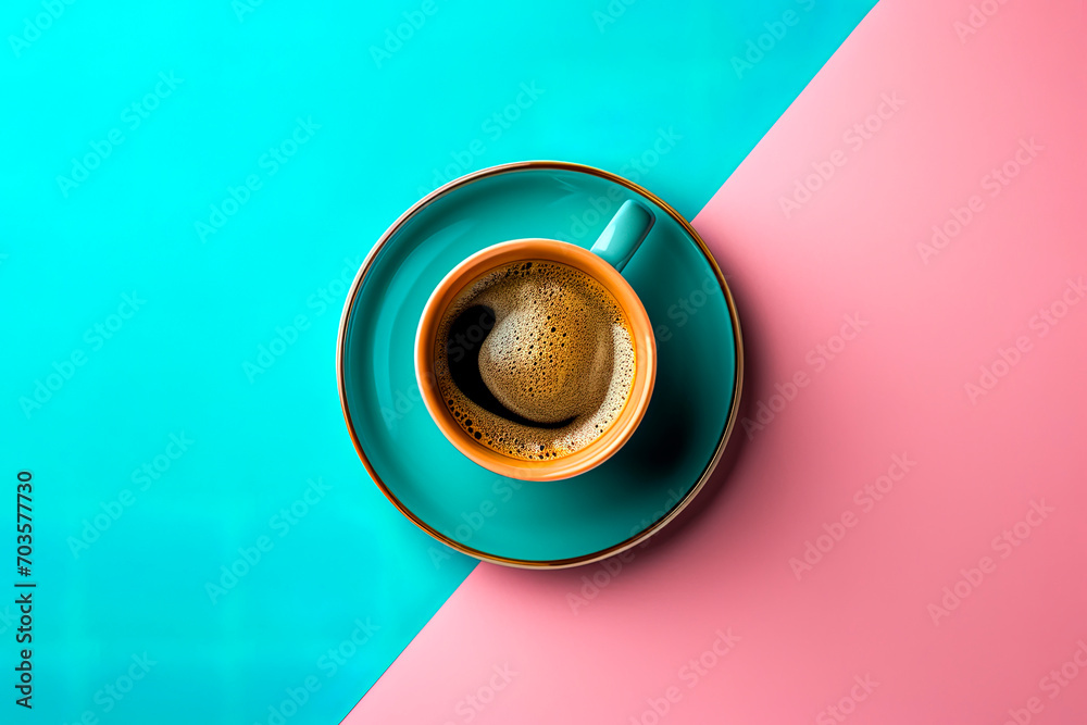 top view cup of coffee on contrasting dual pink and blue background, generative AI illustration top view cup of coffee on contrasting dual pink and blue background, generative AI illustration
