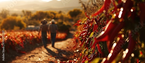 Harvesting red peppers in the sun in Cafayate, Salta, Argentina. photo