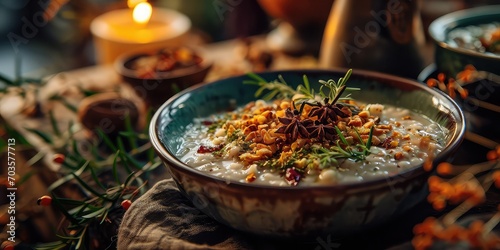 Ajdova KaÅ¡a Culinary Warmth, A Visual Tapestry of Buckwheat Porridge, Capturing Savory Tradition in Every Nutty Spoonful - Eastern European Kitchen - Soft, Warm Lighting & Close-up Porridge Details