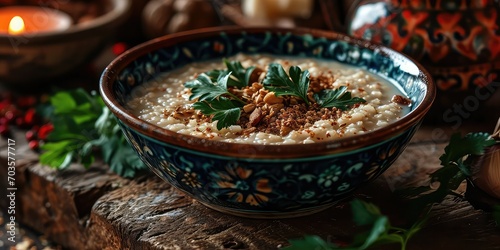 Ajdova KaÅ¡a Culinary Warmth, A Visual Tapestry of Buckwheat Porridge, Capturing Savory Tradition in Every Nutty Spoonful - Eastern European Kitchen - Soft, Warm Lighting & Close-up Porridge Details