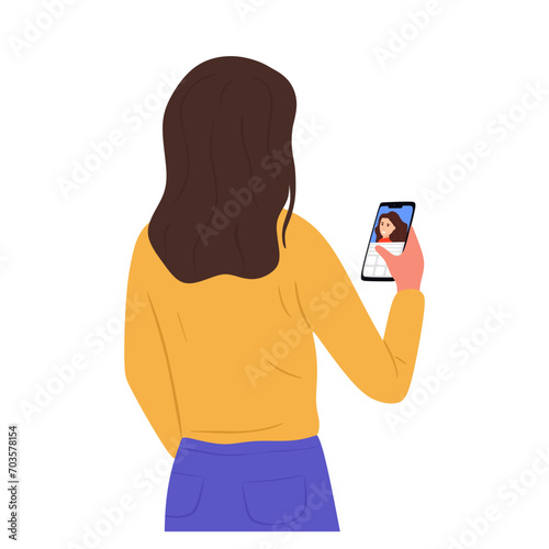 Young woman is talking to her friend or sister via online video call using a mobile phone. Two girl chatting via internet with smartphone, rear view. Remote communication. Flat vector illustration