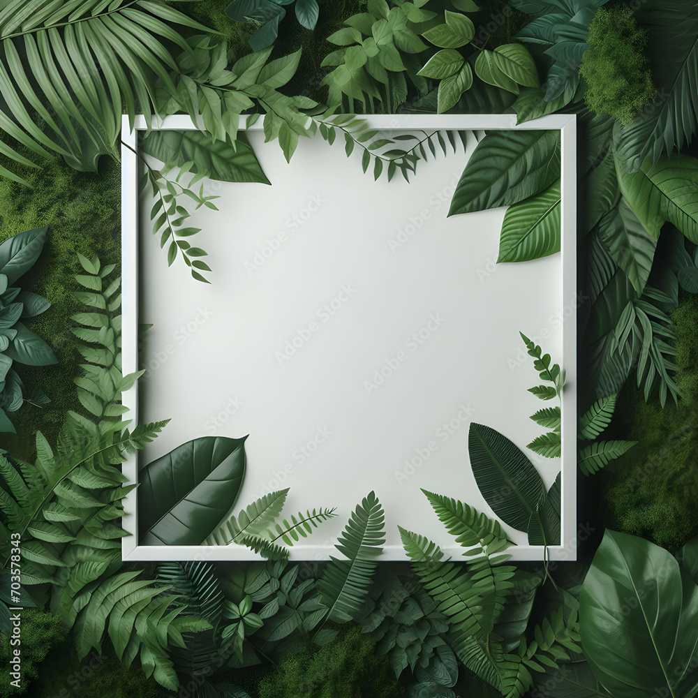 Green Leaves in Forest with White Frame Green Leaves in Forest with White Frame