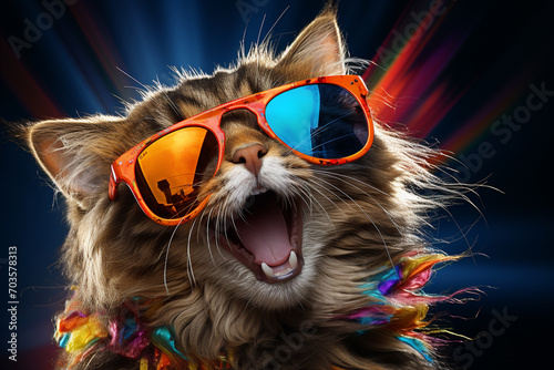 cute, funny, happy, adorable cat, kitty on the beach with humorous sunglasses. summertime, beach palm tree, heat relax, vacation. © Ирина Батюк