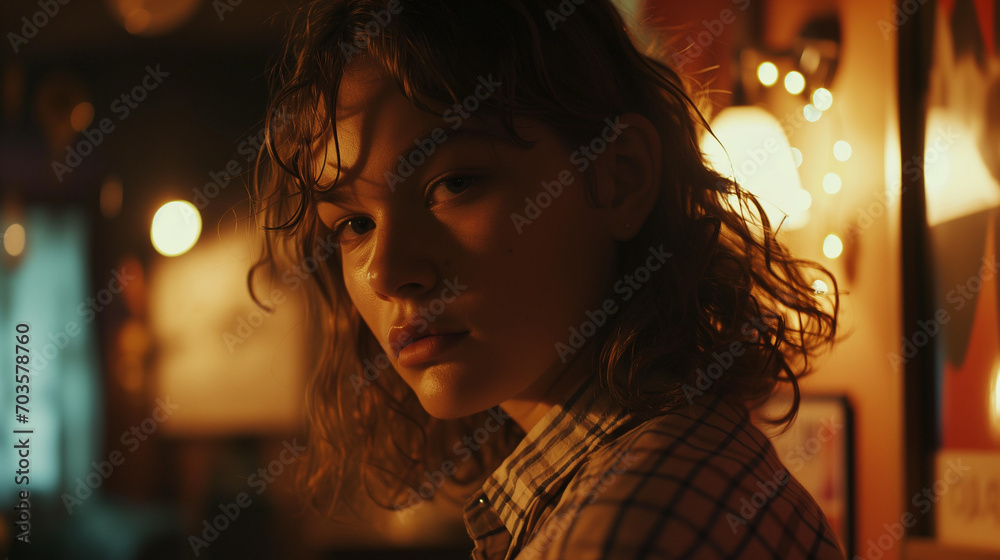 Close-up of a young woman wearing a beautifully lit plaid shirt in soft lighting Close-up of a young woman wearing a beautifully lit plaid shirt in soft lighting