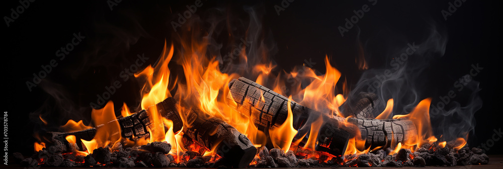 Burning firewood in a fireplace on a dark background with smoke Burning firewood in a fireplace on a dark background with smoke