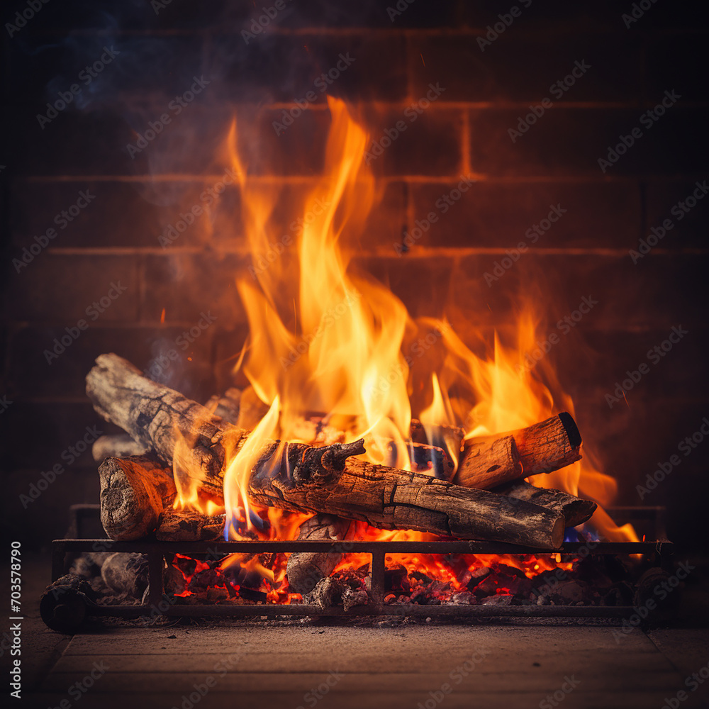 Burning firewood in a fireplace on a dark background with smoke Burning firewood in a fireplace on a dark background with smoke