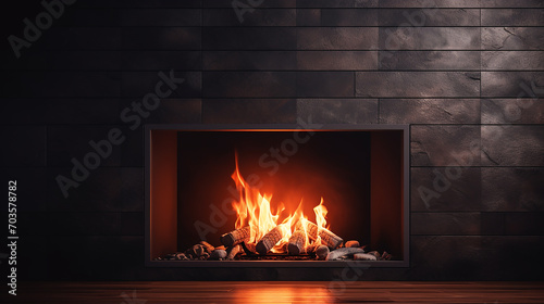 Burning firewood in a fireplace on a dark background with smoke photo