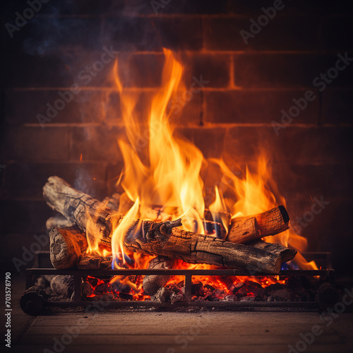 Burning firewood in a fireplace on a dark background with smoke
