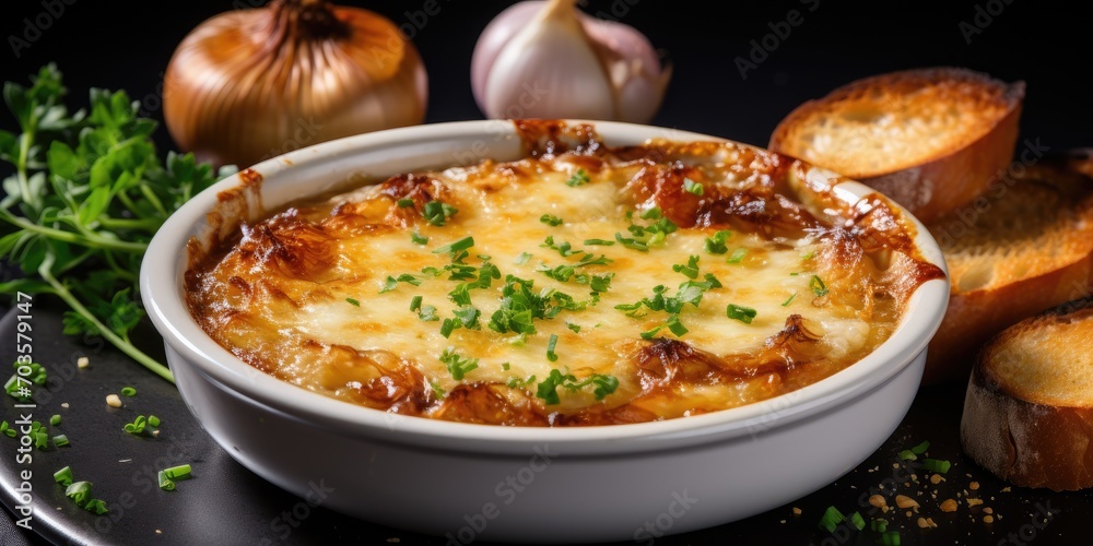 French onion soup. A serving of classic onion soup is served in a white plate. Generative AI French onion soup. A serving of classic onion soup is served in a white plate. Generative AI