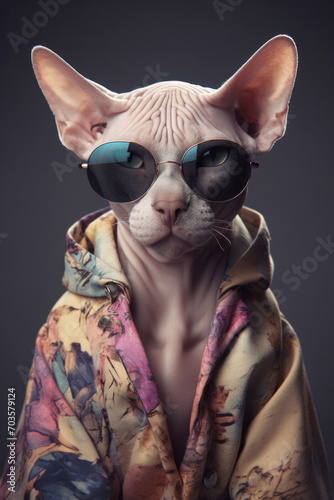 Sphynx Cat with Sunglasses and Floral hoodie Looking Cool © Ryan