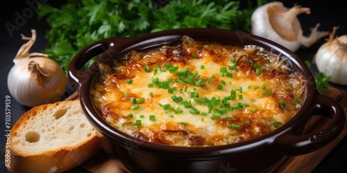 Traditional French onion soup in a black plate with a cheese crust and bread. Generative AI