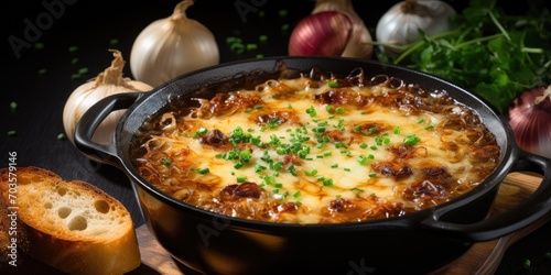 Traditional French onion soup in a black plate with a cheese crust and bread. Generative AI