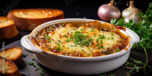 Traditional French onion soup in a white plate with cheese crust and croutons. Generative AI