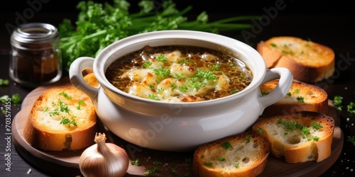 French onion soup, close-up. Healthy soup in a white plate photo