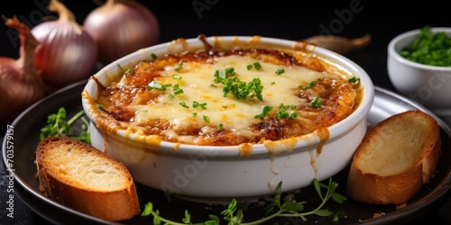 Appetizing French onion soup, close-up. Healthy soup in a white plate. Generative AI