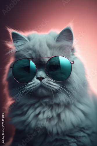 Fashionable Longhair Cat with Cool Sunglasses on Reddish Backdrop
