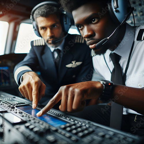 Young Man Professional Copilot in Uniform and Hat Talking to the Pilot, Pointing to a Keyboard in Airplane Plane Jet in the Sky Clouds with his Finger on a Sunny Day. Alert Inside and Outside Cockpit. photo