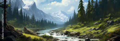 beautiful landscape with mountain river and forest