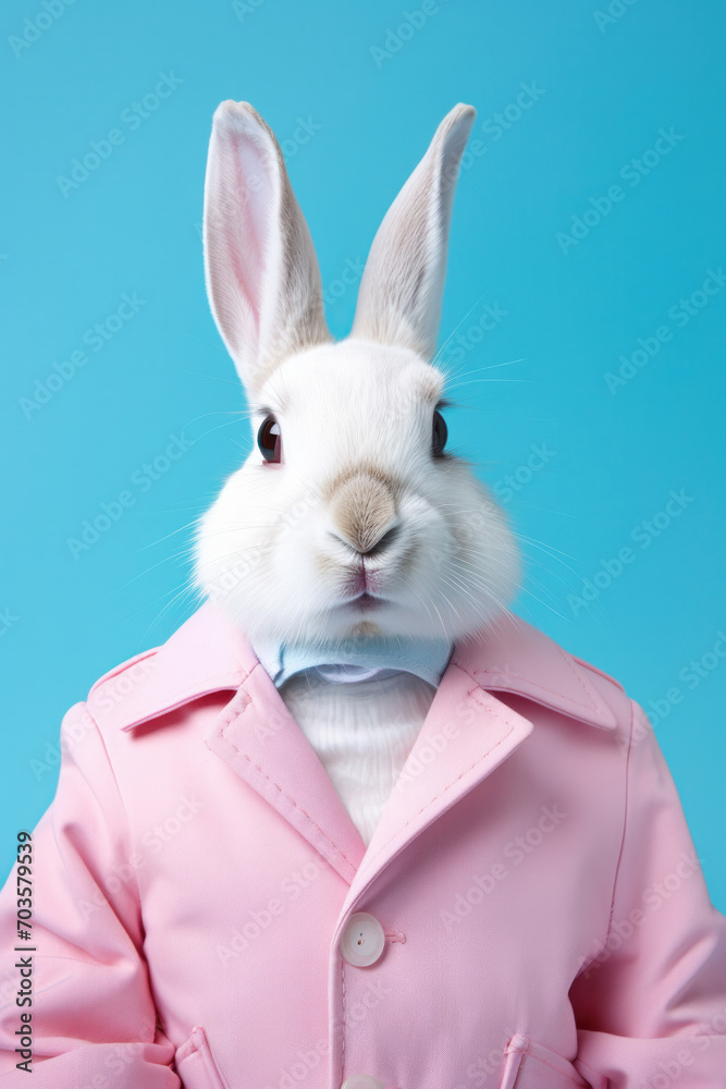 Sophisticated White Rabbit in Pink Jacket, Blue Background