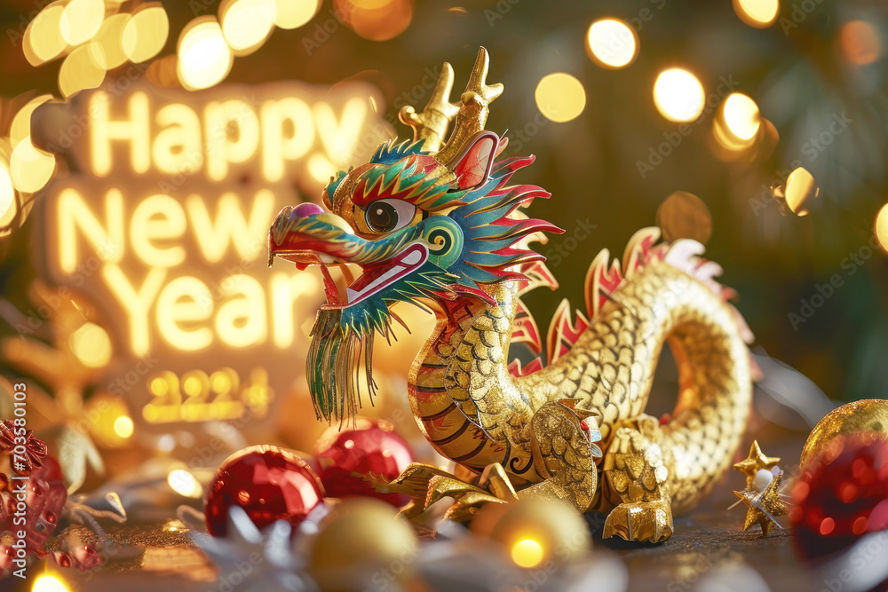 Gold background cute dragon Happy Chinese new year.