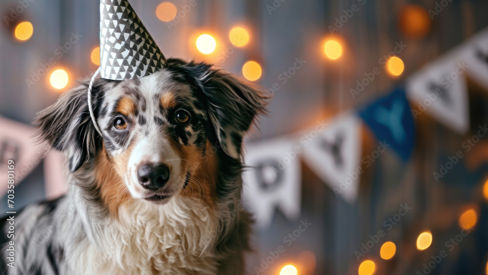 Cute Australian shepherd dog wear cone hat with copyspace for text.