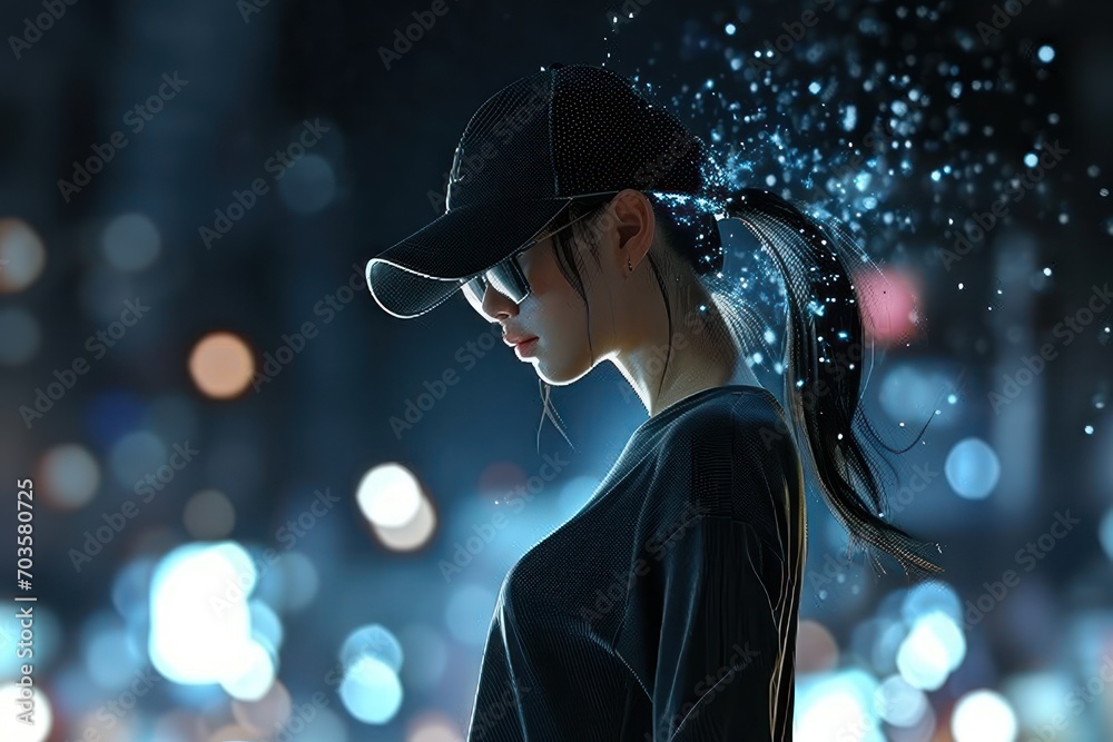 Trendy young teen in action on blue glitter light neon bokeh effect AI technology conccept. Trendy young teen in action on blue glitter light neon bokeh effect AI technology conccept.