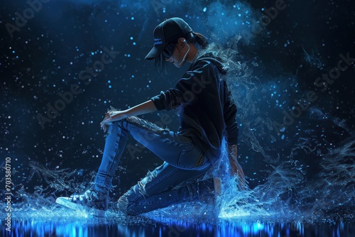 Trendy young teen in action on blue glitter light neon bokeh effect AI technology conccept.