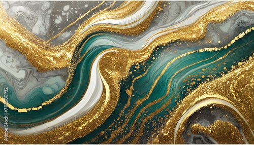 Abstract background of Marble texture. Marbled with wavy veins of turquoise, gold and silver. Gold powder. Agate photo