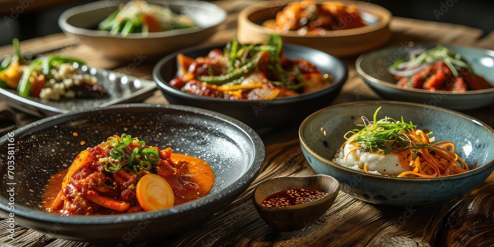 Dishes with Gochujang, A Visual Medley of Spicy Fermented Flavor, Elevating Every Dish with Asian Zest - Contemporary Korean Fusion Kitchen Ambiance - Vibrant Colors & Artistic Dish Composition