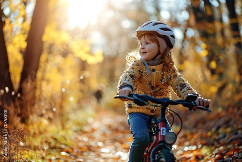 Happy joyful kid riding a bicycle with mom in park.